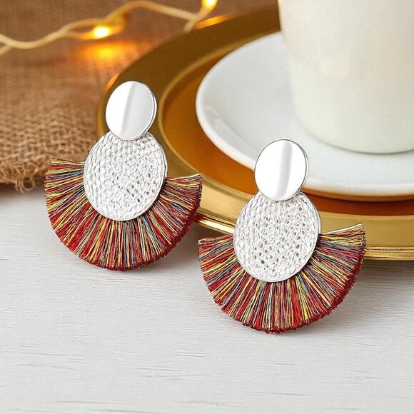 Boho Chic Rainbowโ Fan Earrings - Statement Fringe Tassel Summer Style ๐ - Picture 6 of 11